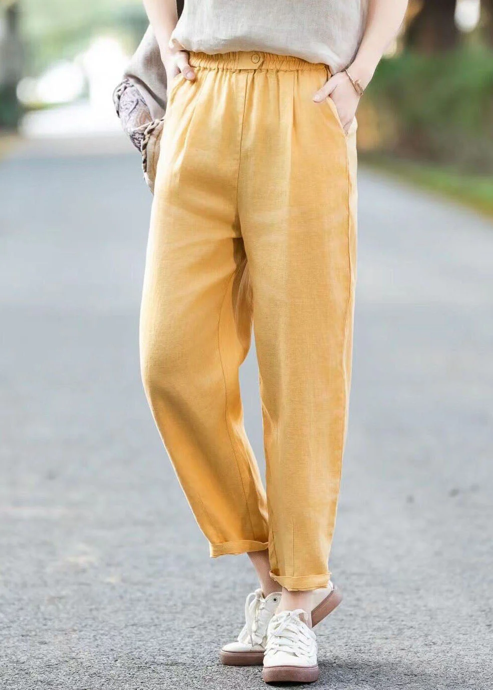 Simple Casual Blue Pockets Elastic Waist Linen Pants Summer - Image 5