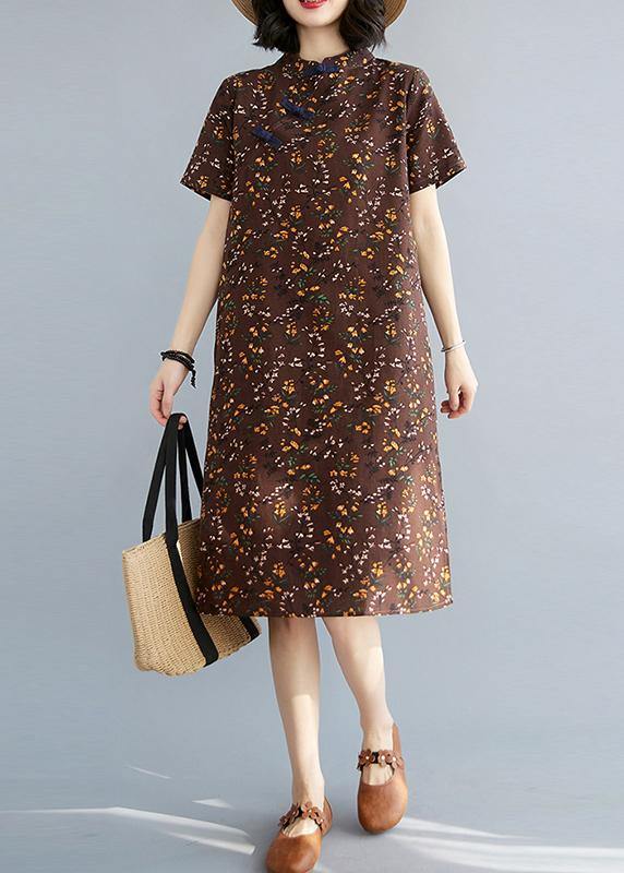 Simple Chocolate Print Oriental Maxi Summer Cotton Dress - Image 2