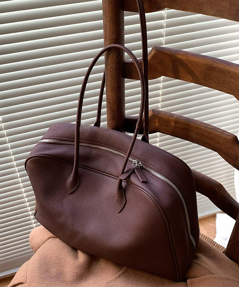 Simple Chocolate Zippered Large Capacity Leather Shoulder Bags - Image 2