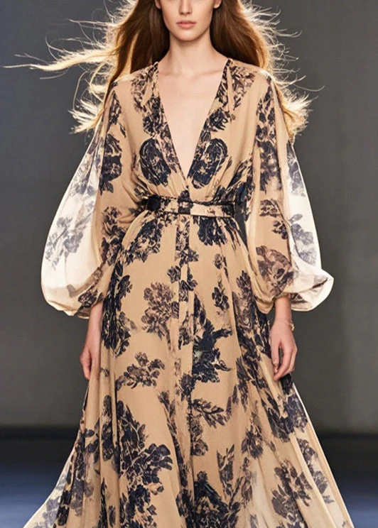 Simple Coffee Cinched Print Chiffon Ankle Dress Spring - Image 2