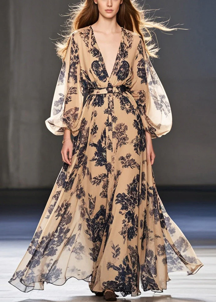 Simple Coffee Cinched Print Chiffon Ankle Dress Spring - Image 3