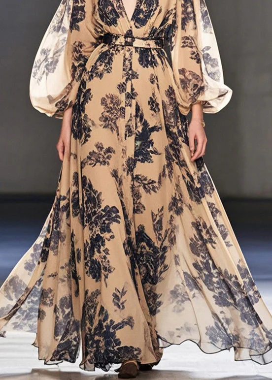 Simple Coffee Cinched Print Chiffon Ankle Dress Spring - Image 4