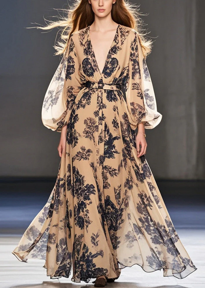 Simple Coffee Cinched Print Chiffon Ankle Dress Spring - Image 5