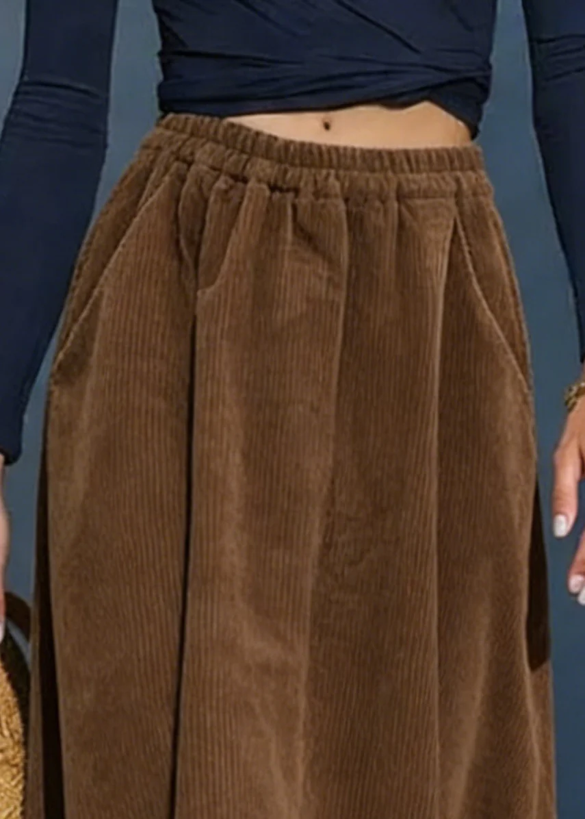 Simple Coffee Pockets Solid Elastic Waist Corduroy Skirt - Image 2