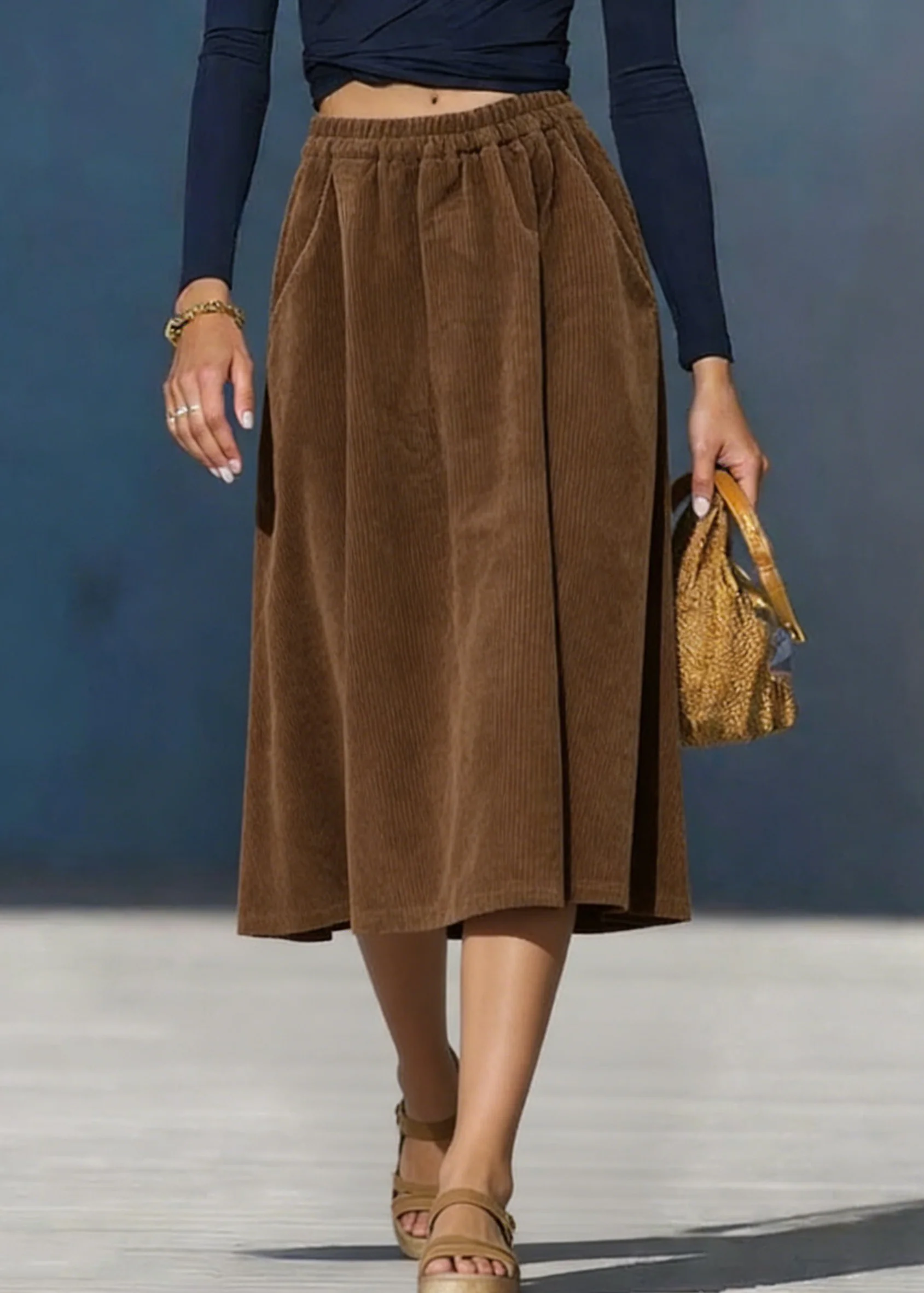 Simple Coffee Pockets Solid Elastic Waist Corduroy Skirt - Image 3