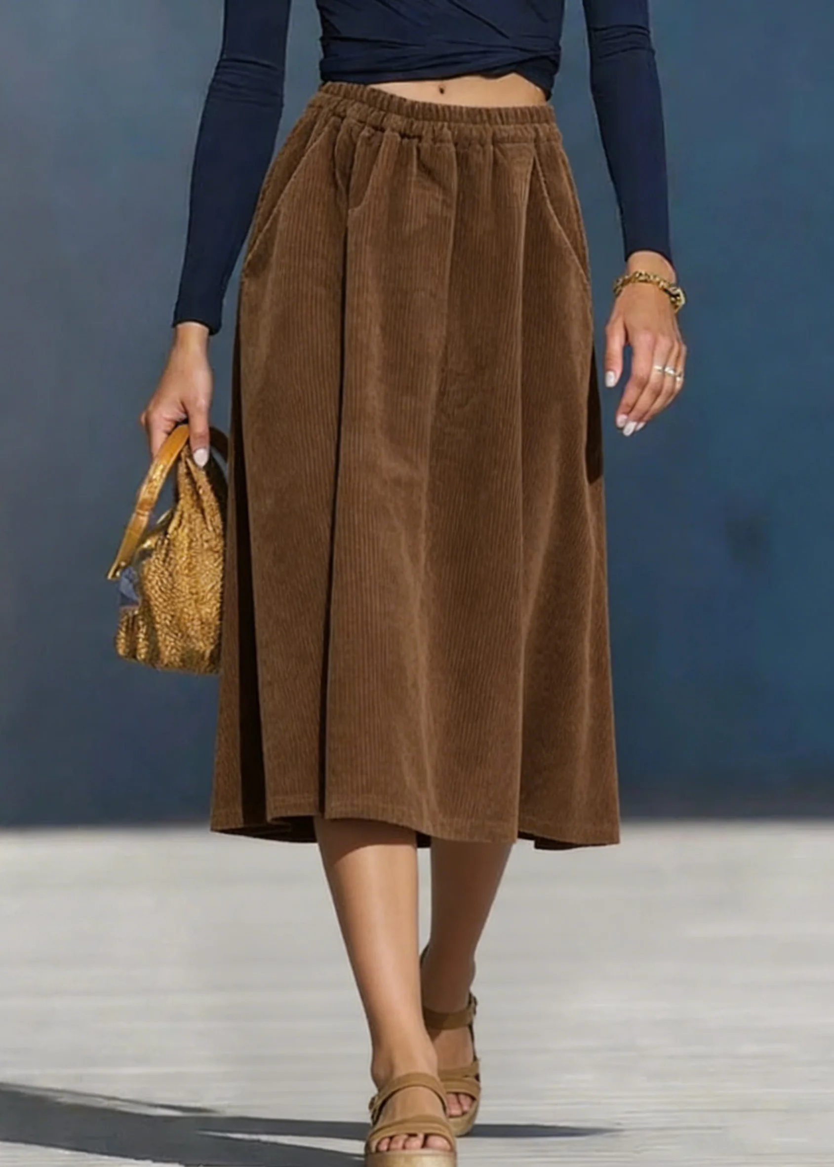 Simple Coffee Pockets Solid Elastic Waist Corduroy Skirt - Image 5