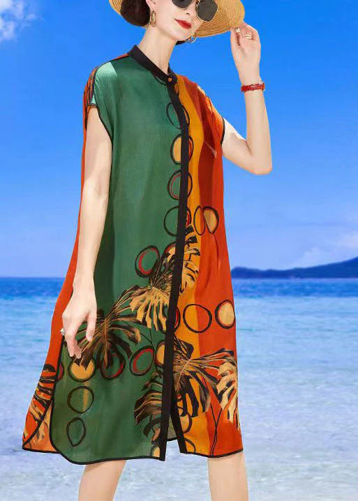 Simple Colorblock Multi Stand Collar Print Silk Beach Dresses Summer - Image 4