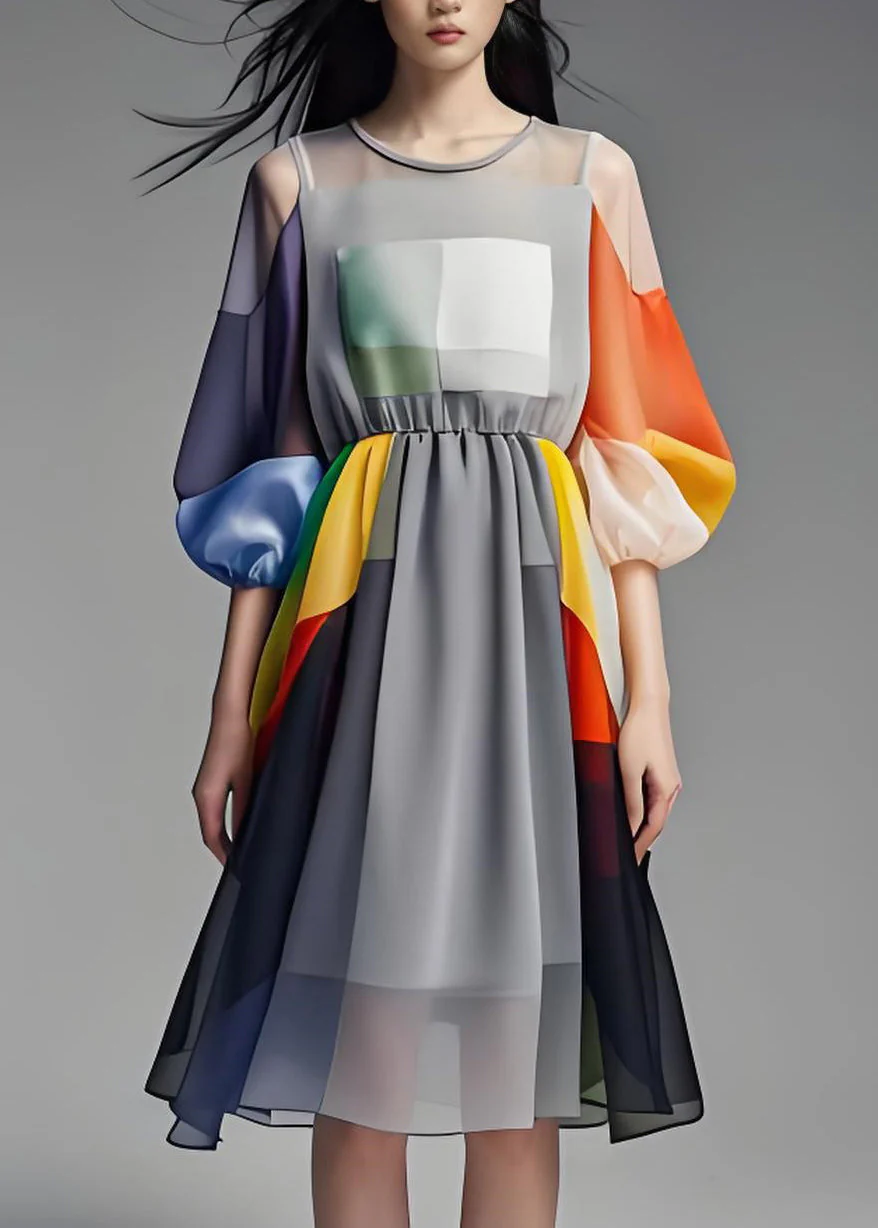 Simple Colorblock O Neck Patchwork Chiffon Dress Lantern Sleeve - Image 2