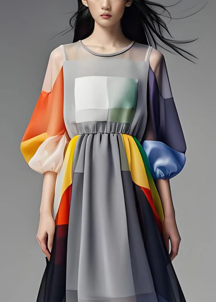 Simple Colorblock O Neck Patchwork Chiffon Dress Lantern Sleeve - Image 3