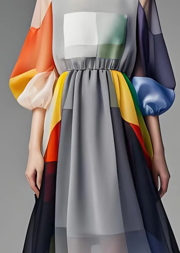 Simple Colorblock O Neck Patchwork Chiffon Dress Lantern Sleeve - Image 4