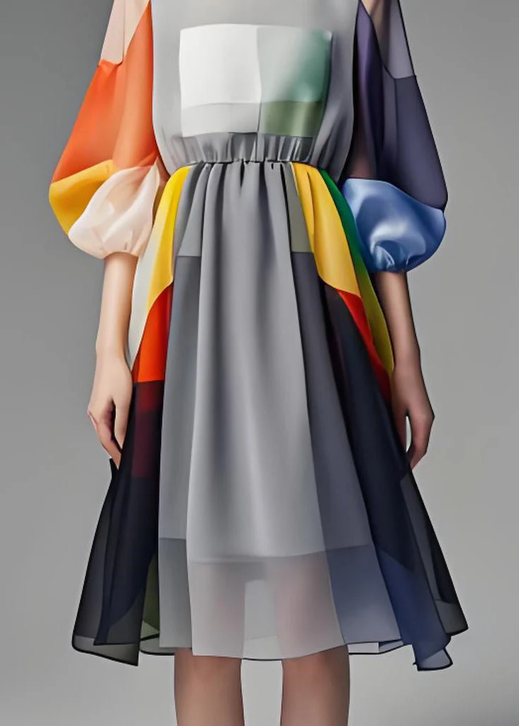 Simple Colorblock O Neck Patchwork Chiffon Dress Lantern Sleeve - Image 5