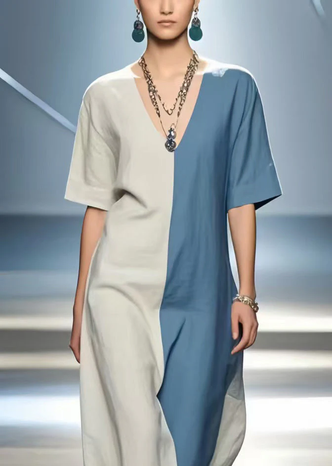 Simple Colorblock V Neck Patchwork Cotton Dress Summer - Image 2