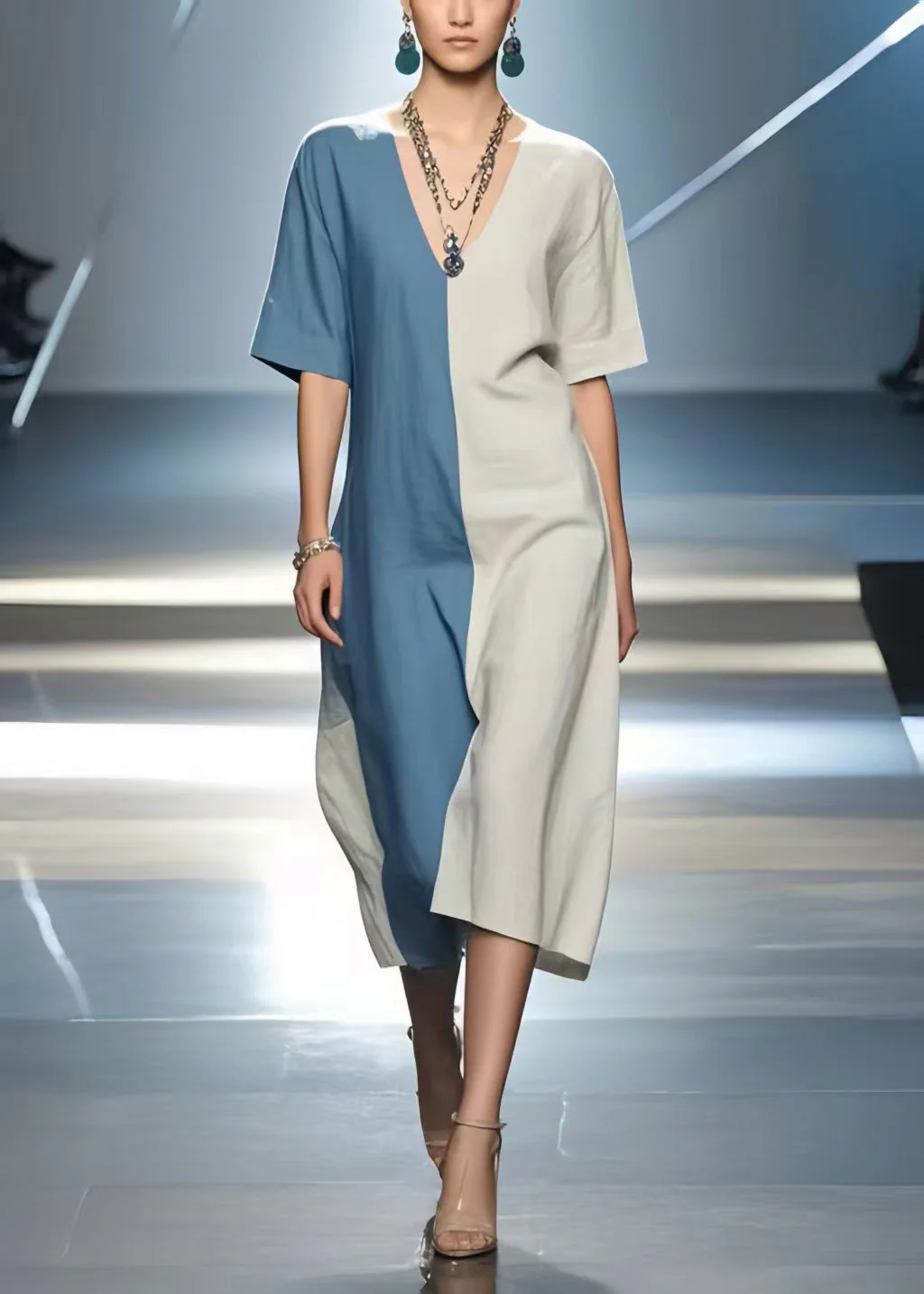 Simple Colorblock V Neck Patchwork Cotton Dress Summer - Image 3