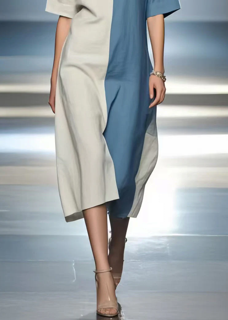 Simple Colorblock V Neck Patchwork Cotton Dress Summer - Image 4