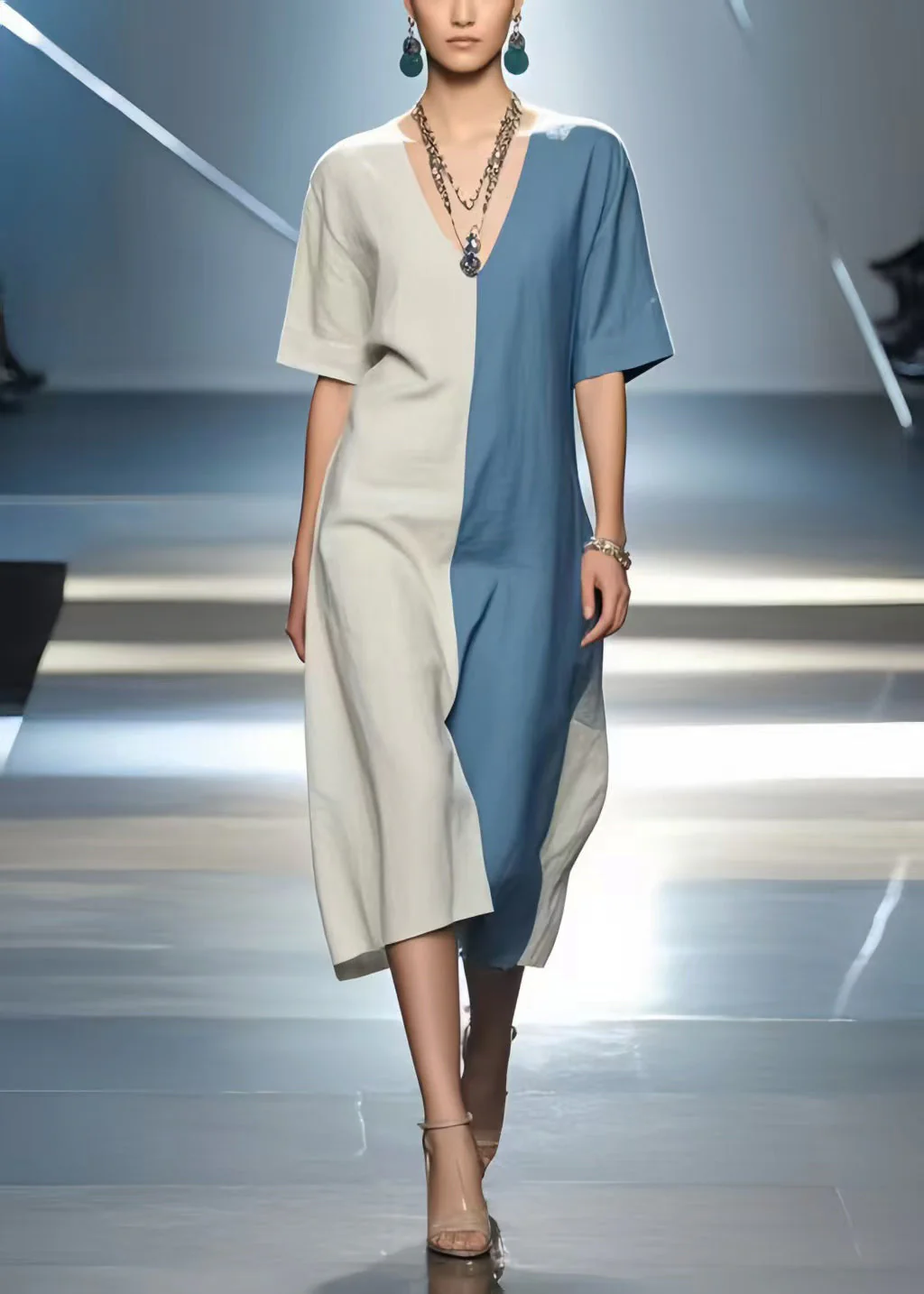 Simple Colorblock V Neck Patchwork Cotton Dress Summer - Image 5