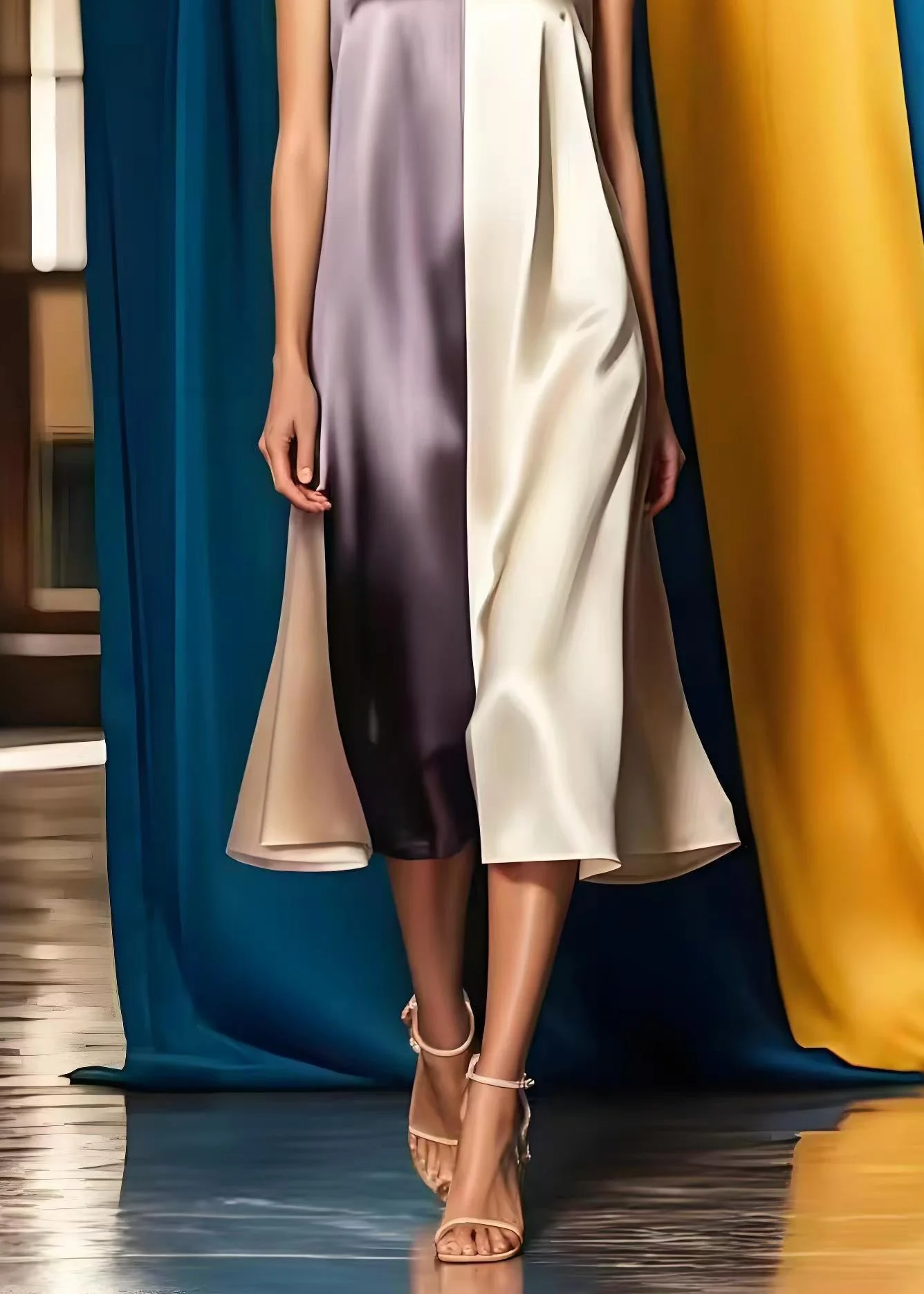 Simple Colorblock V Neck Patchwork Silk Maxi Dress Summer - Image 2