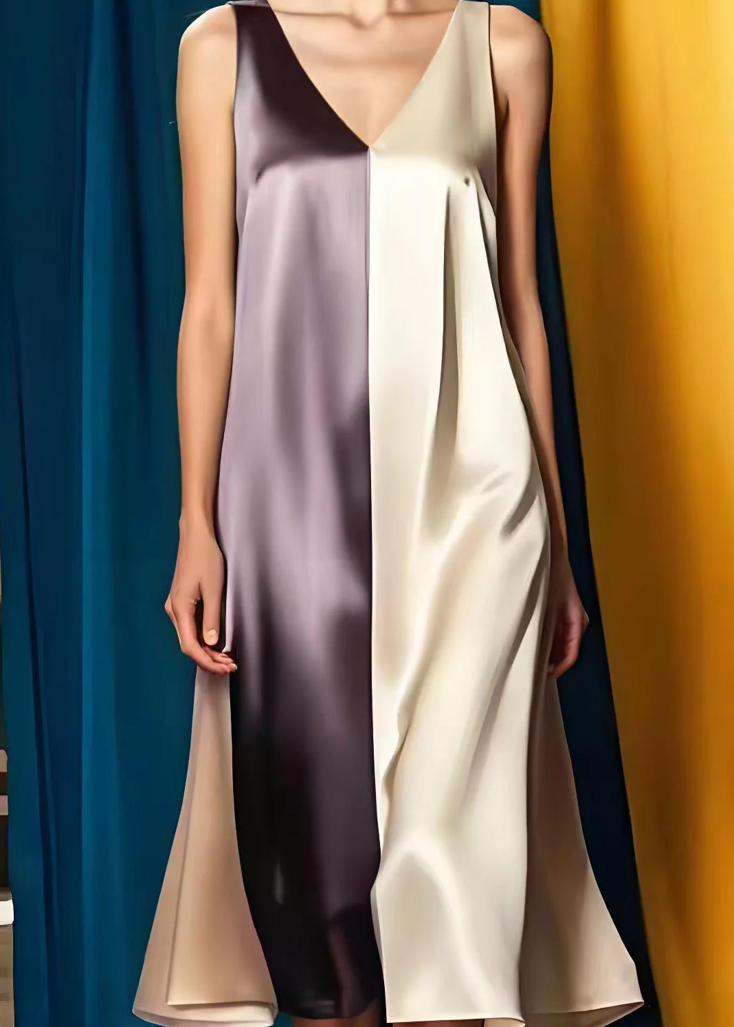 Simple Colorblock V Neck Patchwork Silk Maxi Dress Summer - Image 4