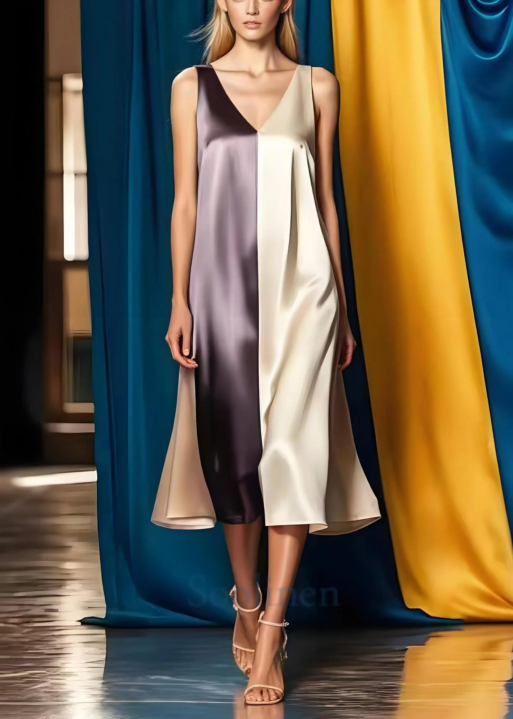 Simple Colorblock V Neck Patchwork Silk Maxi Dress Summer - Image 5