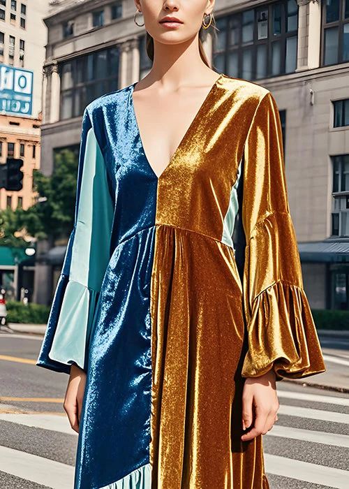 Simple Colorblock V Neck Wrinkled Patchwork Velvet Dress Fall - Image 2