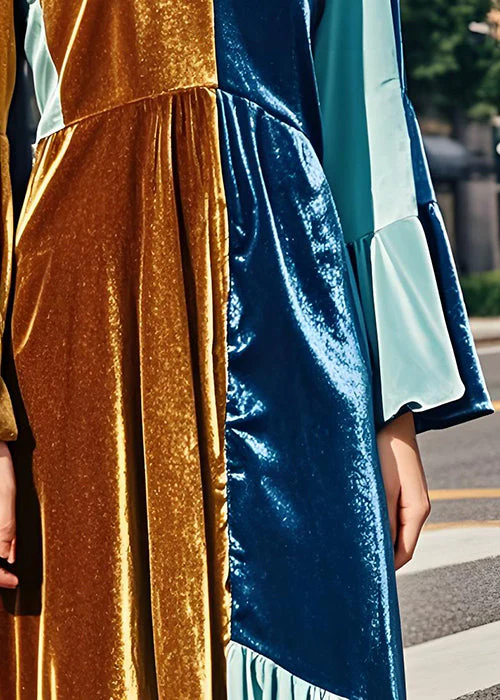 Simple Colorblock V Neck Wrinkled Patchwork Velvet Dress Fall - Image 5