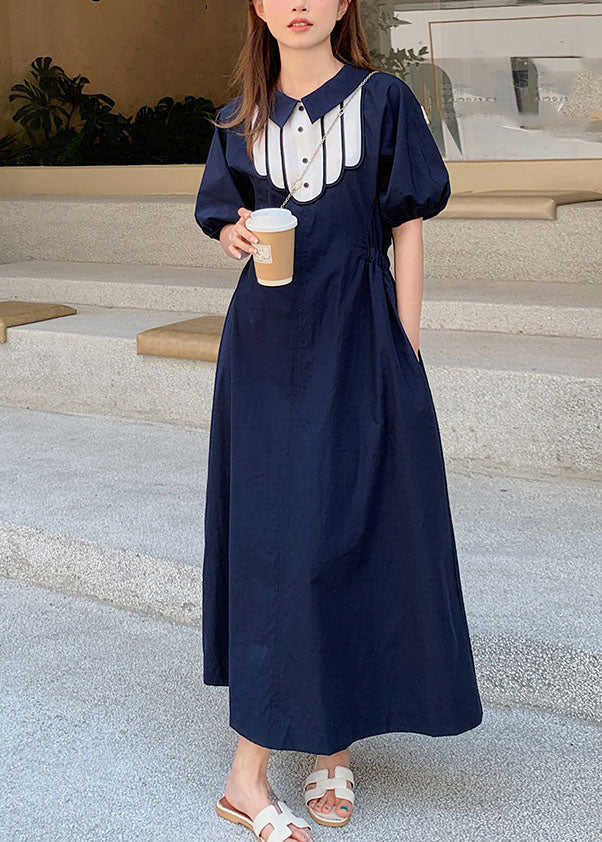 Simple Dark Blue Print Cinched Button Long Dresses Summer - Image 2