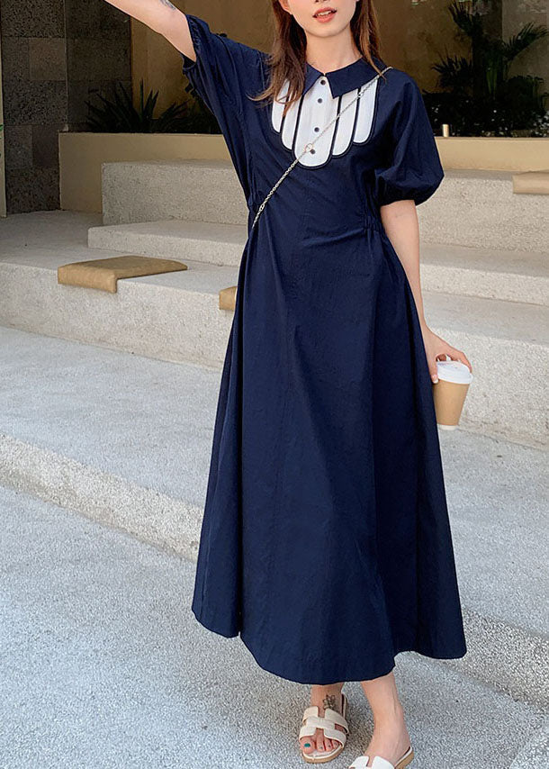 Simple Dark Blue Print Cinched Button Long Dresses Summer - Image 3