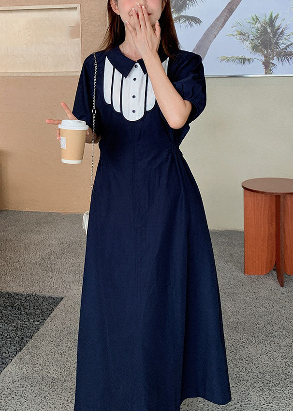 Simple Dark Blue Print Cinched Button Long Dresses Summer - Image 4