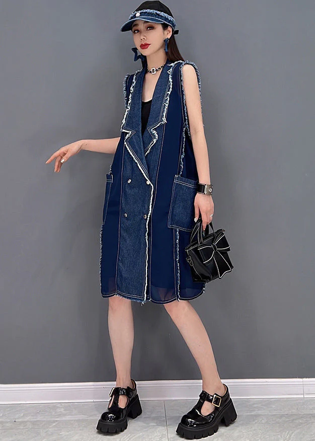 Simple Denim Blue Peter Pan Collar Tassel Patchwork Chiffon Mid Dresses Sleeveless - Image 3