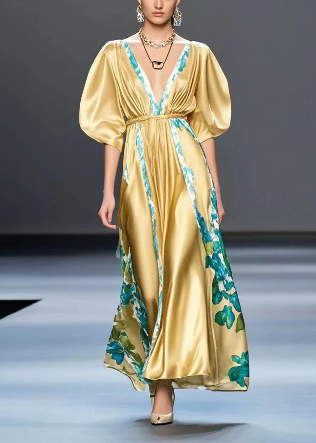 Simple Golden V Neck Print Silk Cinched Dresses Summer - Image 3