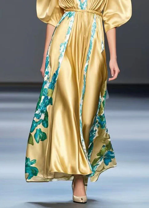 Simple Golden V Neck Print Silk Cinched Dresses Summer - Image 4