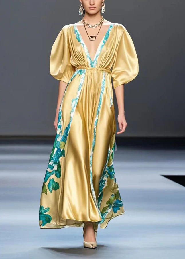 Simple Golden V Neck Print Silk Cinched Dresses Summer - Image 5