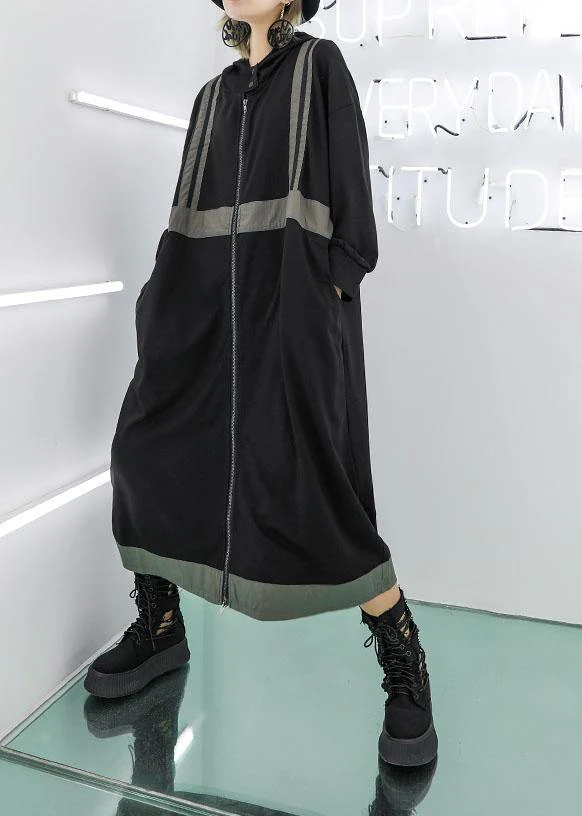 Simple gray green hooded cotton Tunics zippered fall Dresses - Image 3
