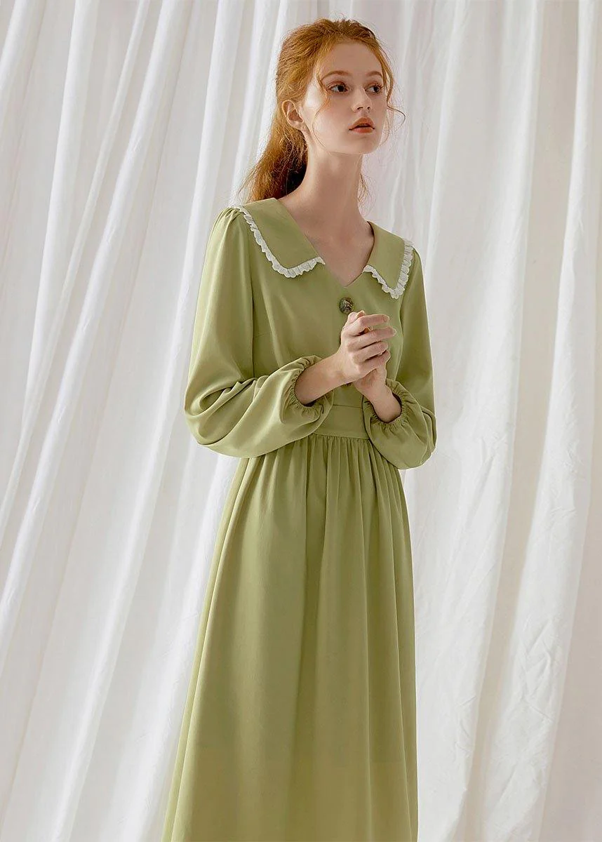 Simple green blended Wardrobes Peter pan Collar Dresses fall Dress - Image 2