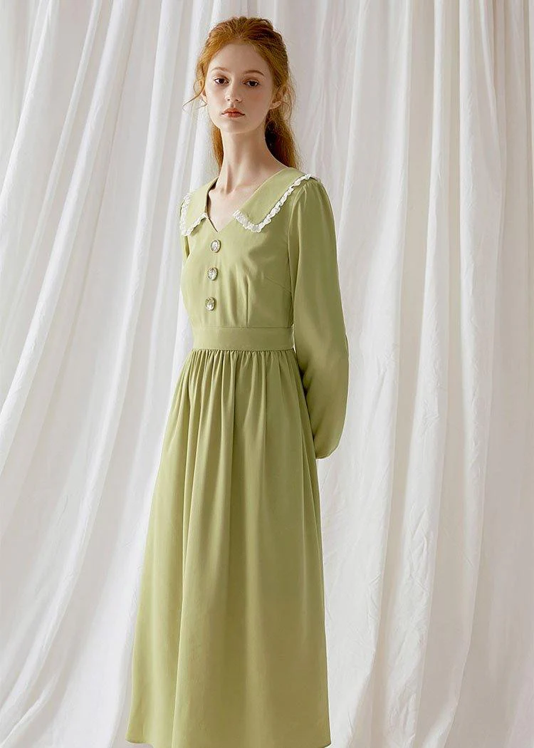 Simple green blended Wardrobes Peter pan Collar Dresses fall Dress - Image 3