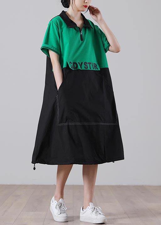 Simple Green Graphic Cotton Pockets Summer Party Dress - Image 3