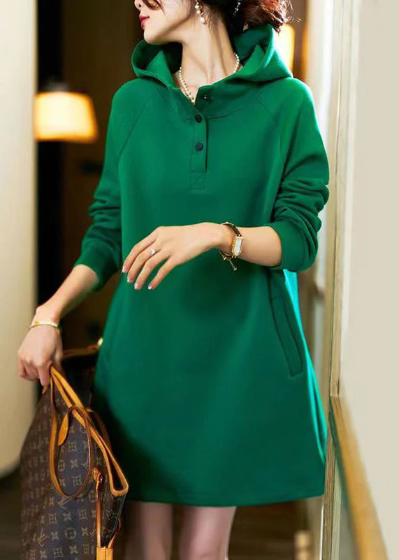 Simple Green Hooded Pockets Patchwork Cotton Dress Long Sleeve - Image 4
