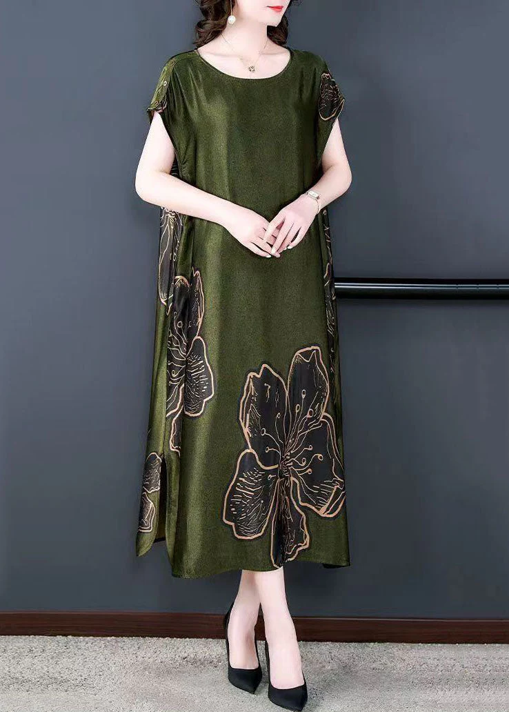Simple Green O Neck Print Patchwork Silk Long Dresses Summer - Image 2