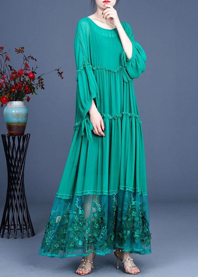Simple Green Patchwork Lace Embroideried Hollow Out Summer Dress - Image 3
