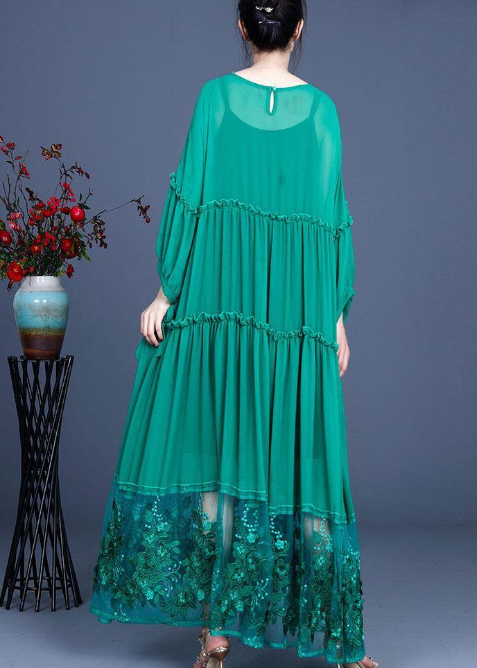 Simple Green Patchwork Lace Embroideried Hollow Out Summer Dress - Image 4