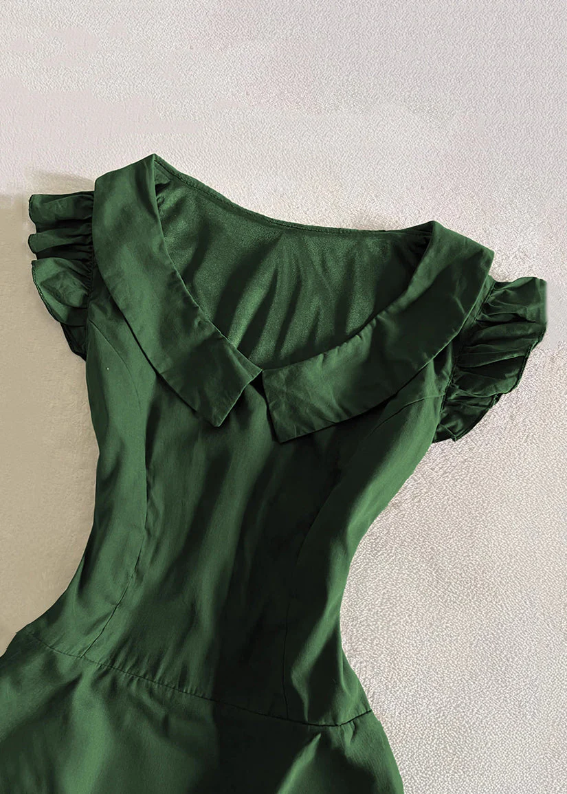 Simple Green Peter Pan Collar Lace Cotton Mid Dress Sleeveless - Image 2