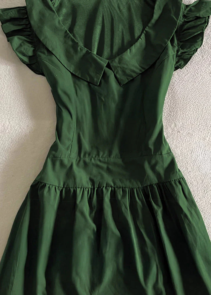 Simple Green Peter Pan Collar Lace Cotton Mid Dress Sleeveless - Image 3