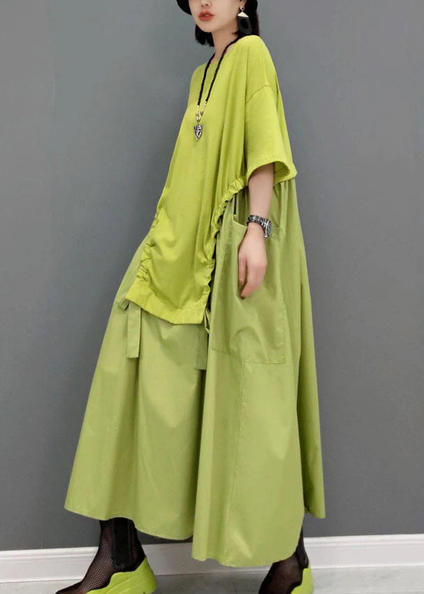 Simple Green pockets O-Neck Patchwork Maxi Dress Short Sleeve - Image 2