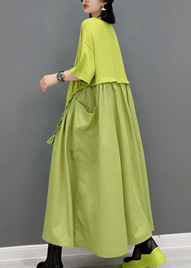 Simple Green pockets O-Neck Patchwork Maxi Dress Short Sleeve - Image 3