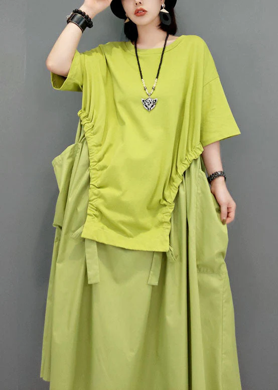 Simple Green pockets O-Neck Patchwork Maxi Dress Short Sleeve - Image 4