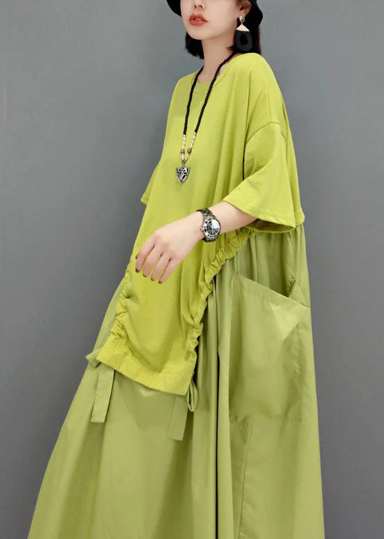 Simple Green pockets O-Neck Patchwork Maxi Dress Short Sleeve - Image 5