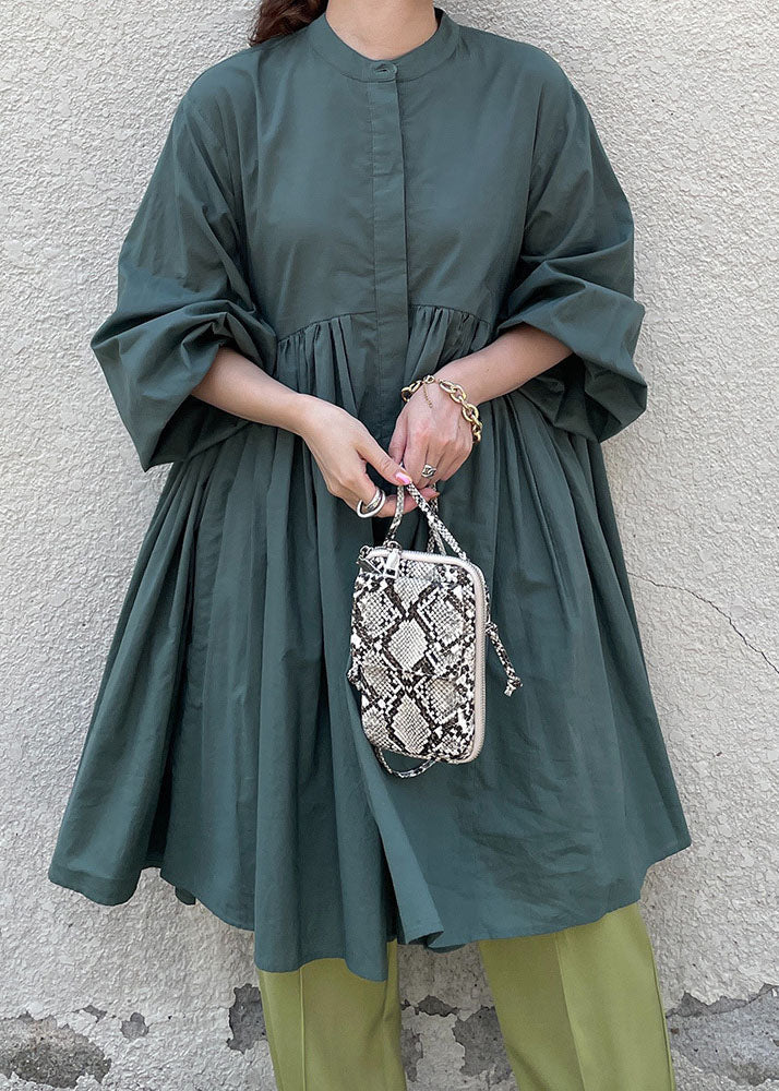 Simple Green Stand Collar Wrinkled Patchwork Cotton Dress Spring - Image 2