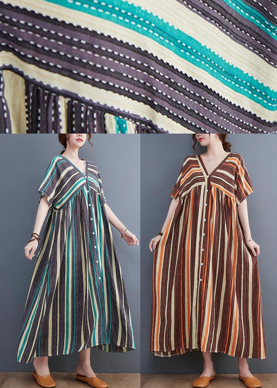 Simple Green Striped V Neck Patchwork Cotton Linen Long Dress - Image 4