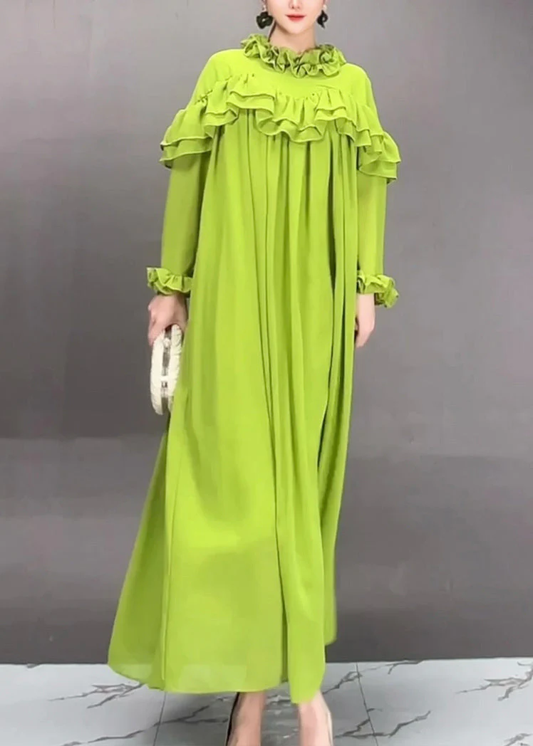 Simple Green Turtleneck Ruffled Patchwork Long Dress Petal Sleeve - Image 2