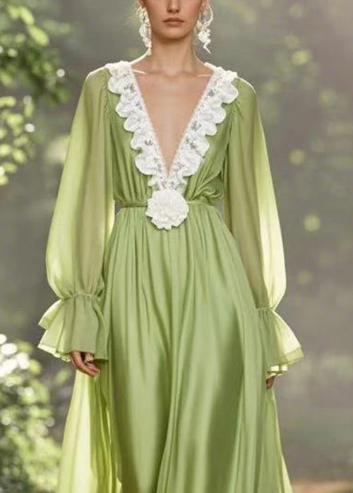 Simple Green V Neck High Waist Chiffon Ankle Dress Spring - Image 2
