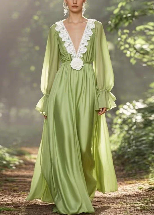 Simple Green V Neck High Waist Chiffon Ankle Dress Spring - Image 3